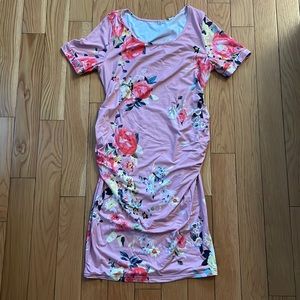 Solid Color & Floral Maternity Dress Ruched Side Bodycon Dress for Baby Shower